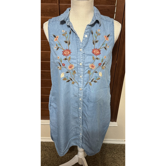 Terre Bleue Lyocell Shirt Dress Button Up Floral Embroidered sz S Chambray - Picture 1 of 6